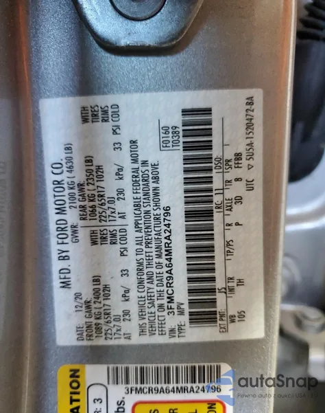 2021 Ford Bronco Sport из США, поврежденный, VIN 3FMCR9A64MRA24796